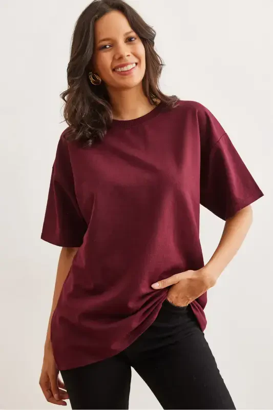Women's Burgundy Front and Back Printed 2 Thread Unisex Oversize T-Shirt TSH-19000696-Burgundy - 1