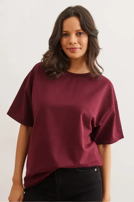 Women's Burgundy Front and Back Printed 2 Thread Unisex Oversize T-Shirt TSH-19000696-Burgundy - 5