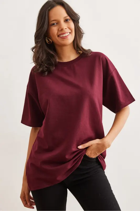 Women's Burgundy Front and Back Printed 2 Thread Unisex Oversize T-Shirt TSH-19000696-Burgundy - 2