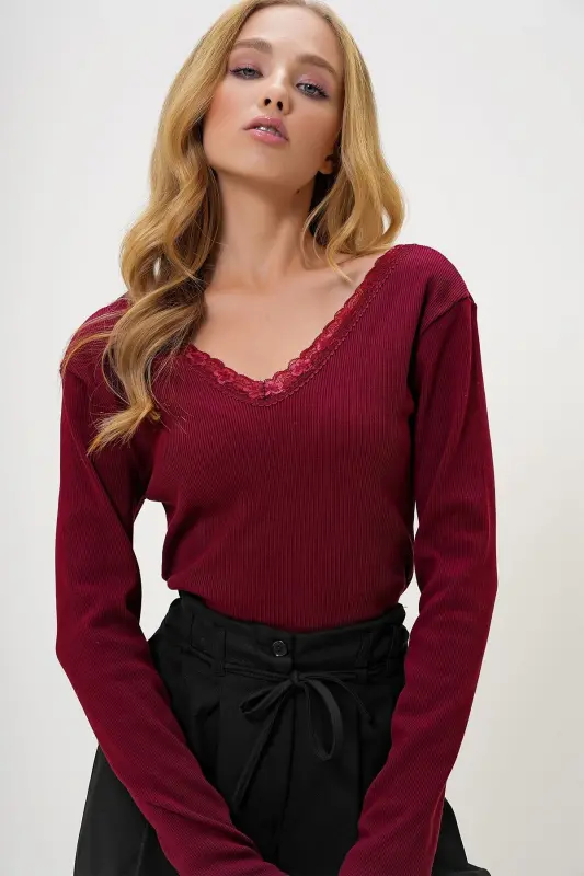 Women's Burgundy Front Back V Neck Lace Detailed Blouse ALC-X11246-Burgundy - TREND ALAÇATI STILI