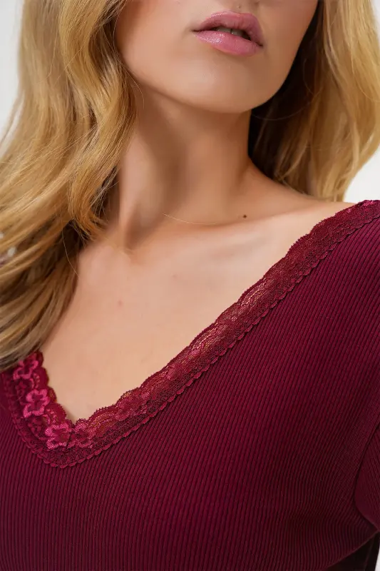 Women's Burgundy Front Back V Neck Lace Detailed Blouse ALC-X11246-Burgundy - 5