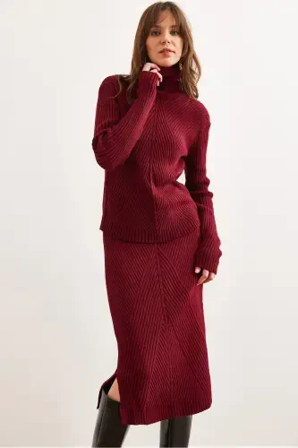Women's Burgundy Geometric Textured Skirt Knitwear Set TKM-19000325-Burgundy - 1