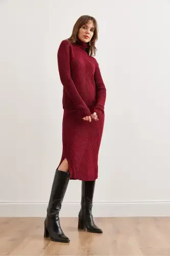 Women's Burgundy Geometric Textured Skirt Knitwear Set TKM-19000325-Burgundy - Modazone (1)