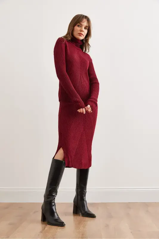Women's Burgundy Geometric Textured Skirt Knitwear Set TKM-19000325-Burgundy - 2