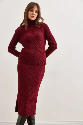 Women's Burgundy Geometric Textured Skirt Knitwear Set TKM-19000325-Burgundy - 3