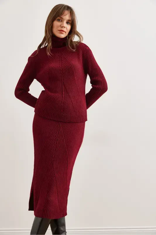 Women's Burgundy Geometric Textured Skirt Knitwear Set TKM-19000325-Burgundy - 3
