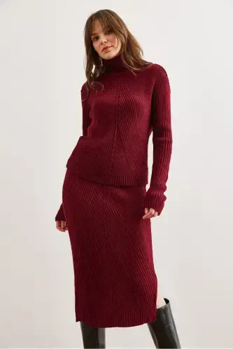 Women's Burgundy Geometric Textured Skirt Knitwear Set TKM-19000325-Burgundy - 4