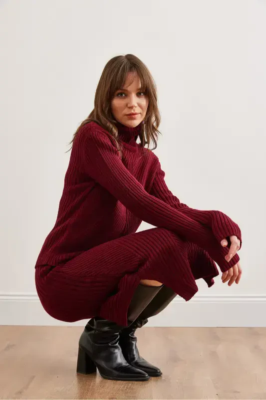 Women's Burgundy Geometric Textured Skirt Knitwear Set TKM-19000325-Burgundy - 5