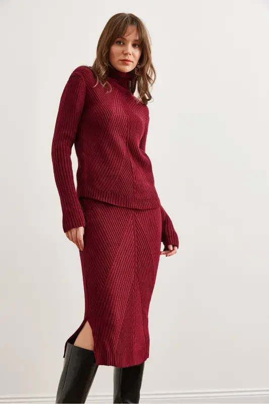 Women's Burgundy Geometric Textured Skirt Knitwear Set TKM-19000325-Burgundy - 6