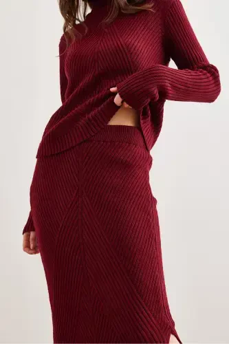 Women's Burgundy Geometric Textured Skirt Knitwear Set TKM-19000325-Burgundy - 7