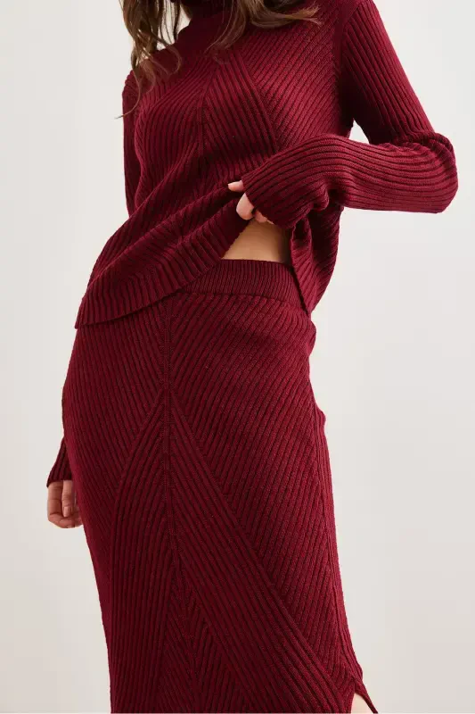 Women's Burgundy Geometric Textured Skirt Knitwear Set TKM-19000325-Burgundy - 7