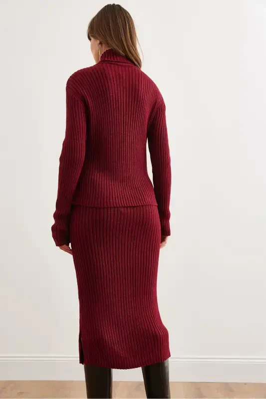 Women's Burgundy Geometric Textured Skirt Knitwear Set TKM-19000325-Burgundy - 8