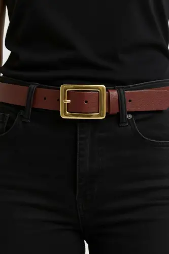 Women's Burgundy Gold Buckle Belt 