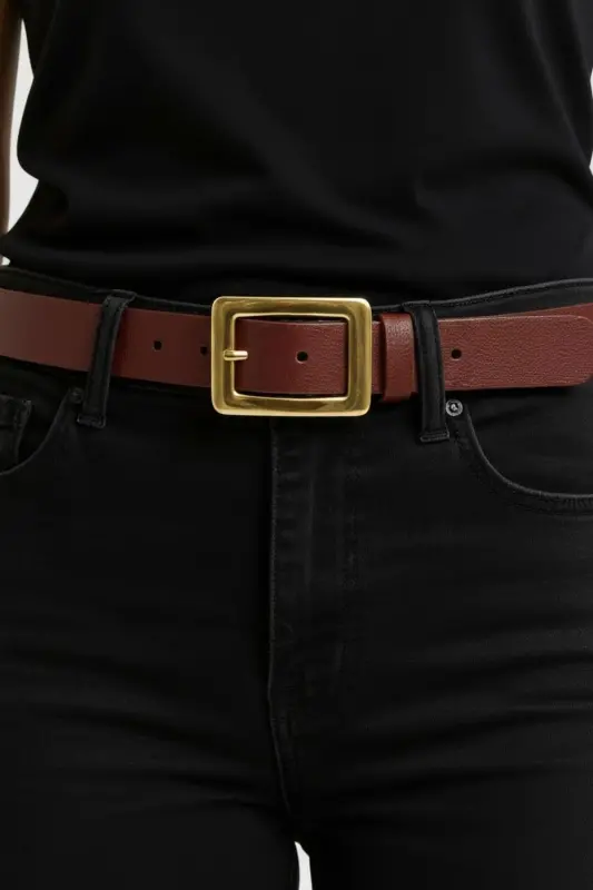 Women's Burgundy Gold Buckle Belt - KEMERIX