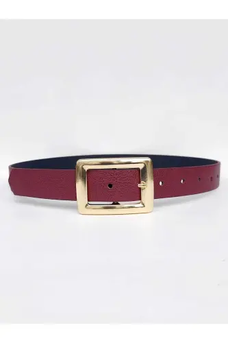Women's Burgundy Gold Buckle Belt - 4