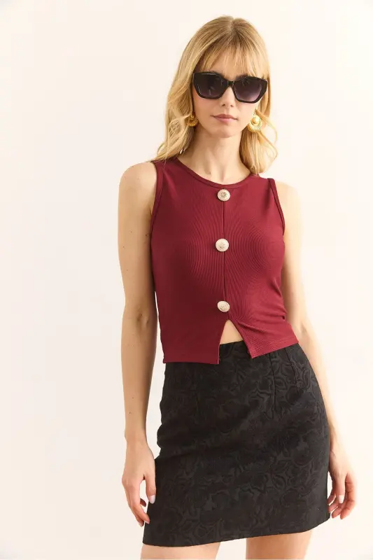 Women's Burgundy Gold Buttoned Ribbed Crop Blouse BLZ-190 - 2