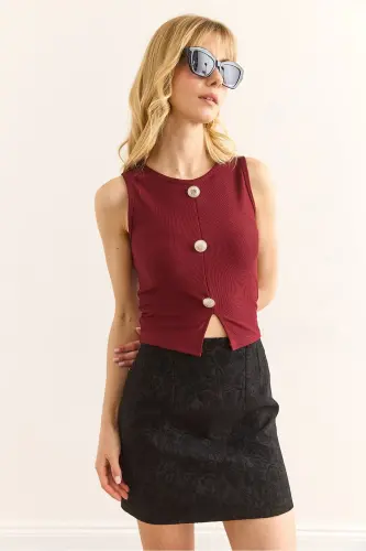 Women's Burgundy Gold Buttoned Ribbed Crop Blouse BLZ-190 - 8