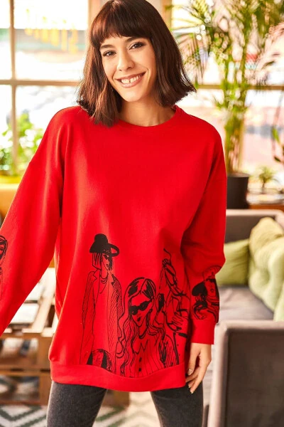 Women's Burgundy Graphic Oversize Sweatshirt SWT-19000452 - OLALOOK (1)
