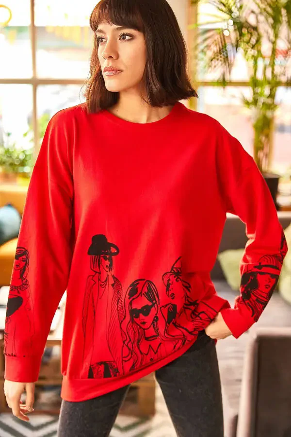 Women's Burgundy Graphic Oversize Sweatshirt SWT-19000452 - 3