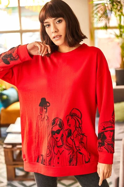 Women's Burgundy Graphic Oversize Sweatshirt SWT-19000452 - 4