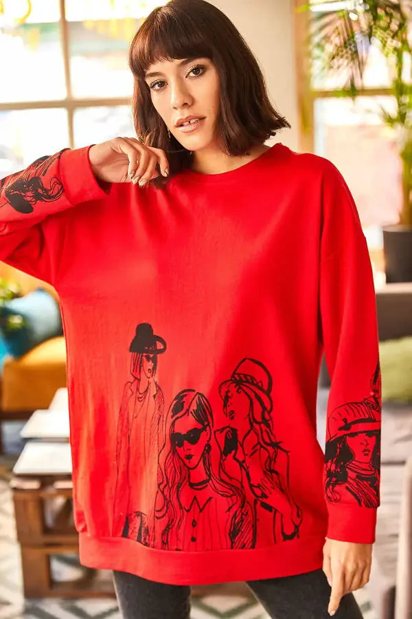 Women's Burgundy Graphic Oversize Sweatshirt SWT-19000452 - 4