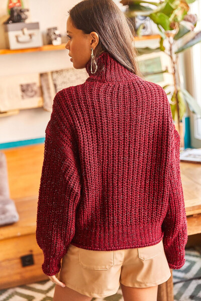Women's Burgundy Half Fisherman Soft Textured Thick Knit Sweater - 5