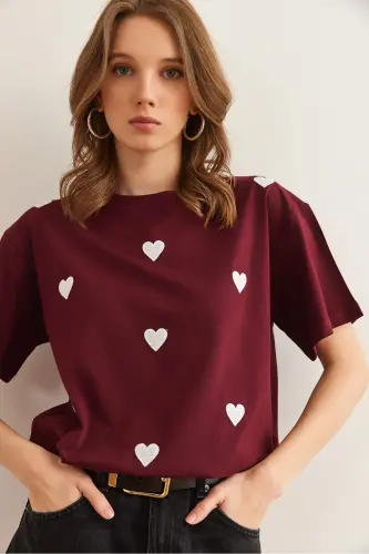 Women's Burgundy Heart Embroidered Cotton Regular Fit T-Shirt 