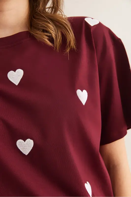 Women's Burgundy Heart Embroidered Cotton Regular Fit T-Shirt - 6