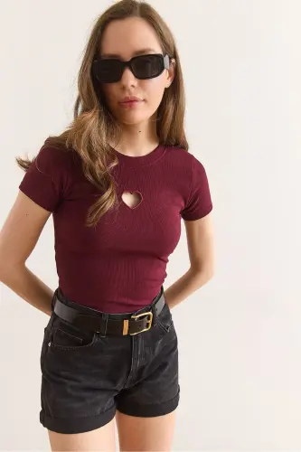 Women's Burgundy Heart Neckline Fine Ribbed Crop Blouse - 15