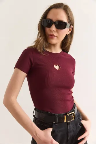 Women's Burgundy Heart Neckline Fine Ribbed Crop Blouse - 13