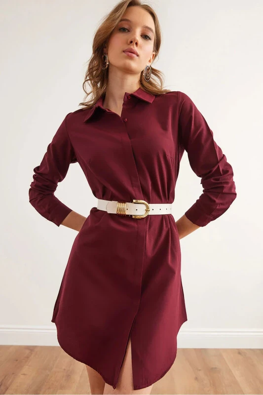 Women's Burgundy Hidden Buttoned Woven Mini Shirt Dress - 1