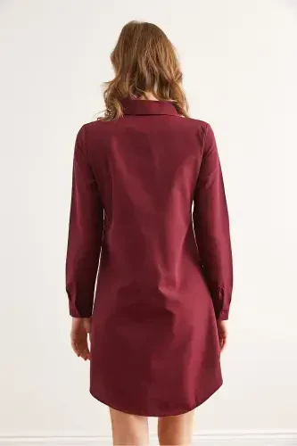 Women's Burgundy Hidden Buttoned Woven Mini Shirt Dress - OLALOOK (1)