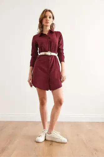 Women's Burgundy Hidden Buttoned Woven Mini Shirt Dress - 4