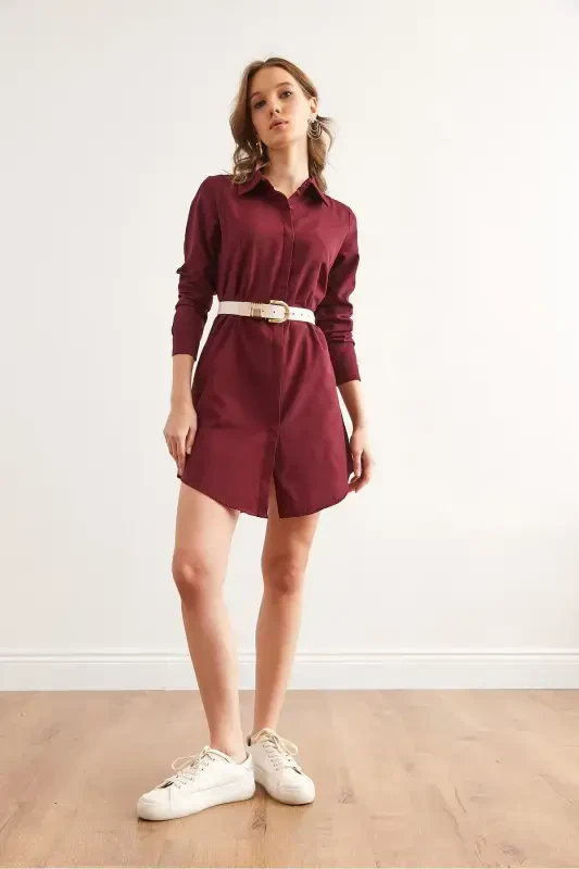 Women's Burgundy Hidden Buttoned Woven Mini Shirt Dress - 5