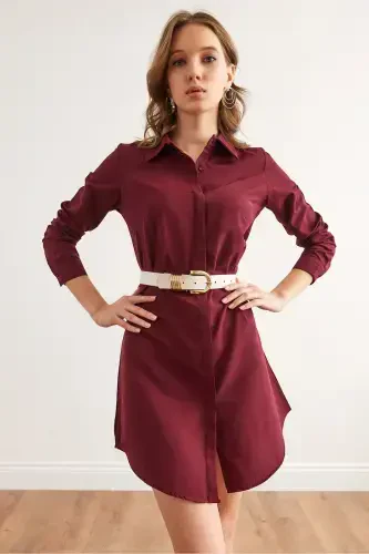 Women's Burgundy Hidden Buttoned Woven Mini Shirt Dress - 6