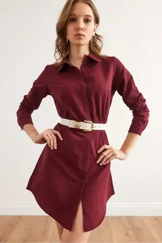 Women's Burgundy Hidden Buttoned Woven Mini Shirt Dress - 7