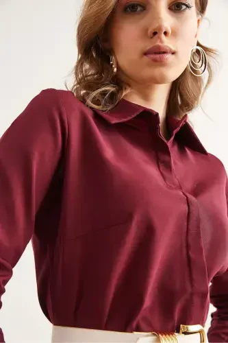 Women's Burgundy Hidden Buttoned Woven Mini Shirt Dress - 8