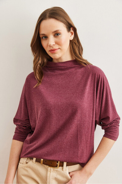 Women's Burgundy High-Neck Batwing Wool Viscose Blouse BLZ-19002800 - OLALOOK (1)