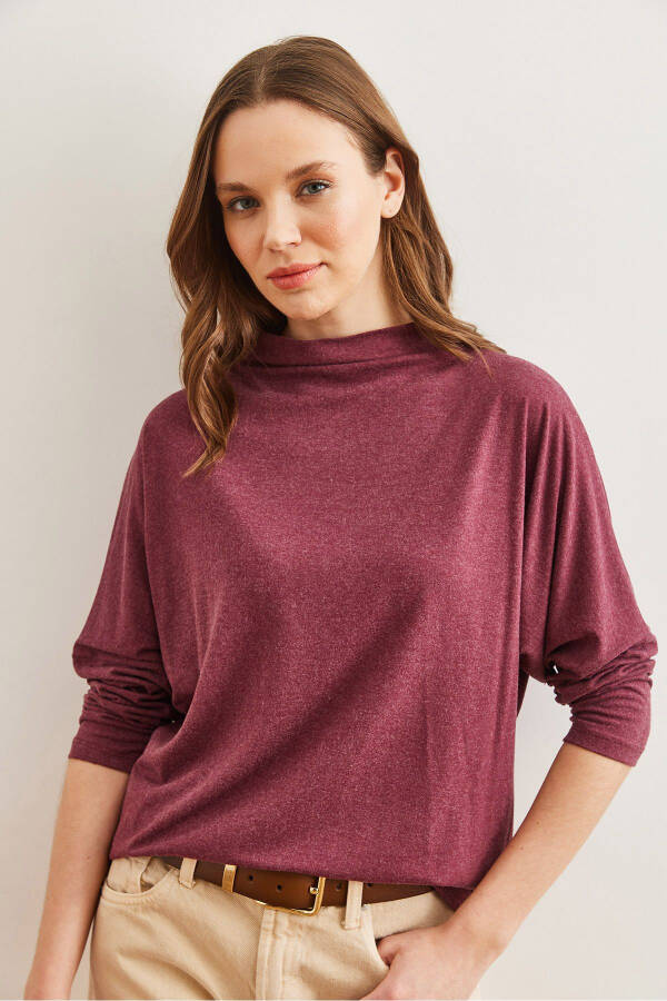 Women's Burgundy High-Neck Batwing Wool Viscose Blouse BLZ-19002800 - 2
