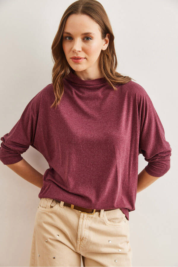 Women's Burgundy High-Neck Batwing Wool Viscose Blouse BLZ-19002800 - 3