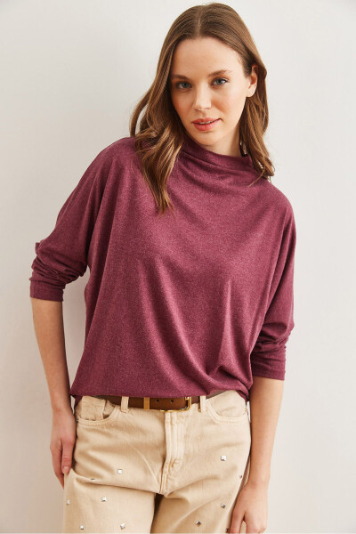 Women's Burgundy High-Neck Batwing Wool Viscose Blouse BLZ-19002800 - 4