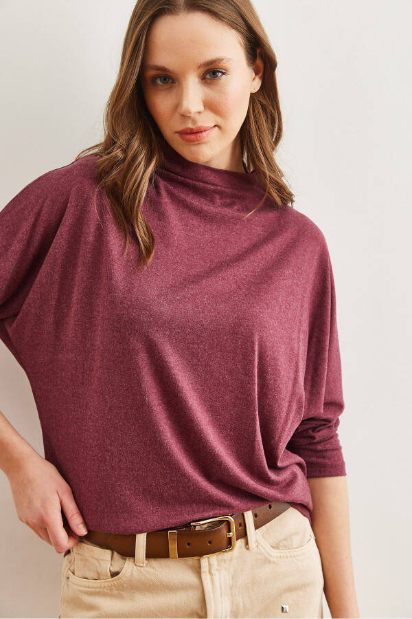 Women's Burgundy High-Neck Batwing Wool Viscose Blouse BLZ-19002800 - 5