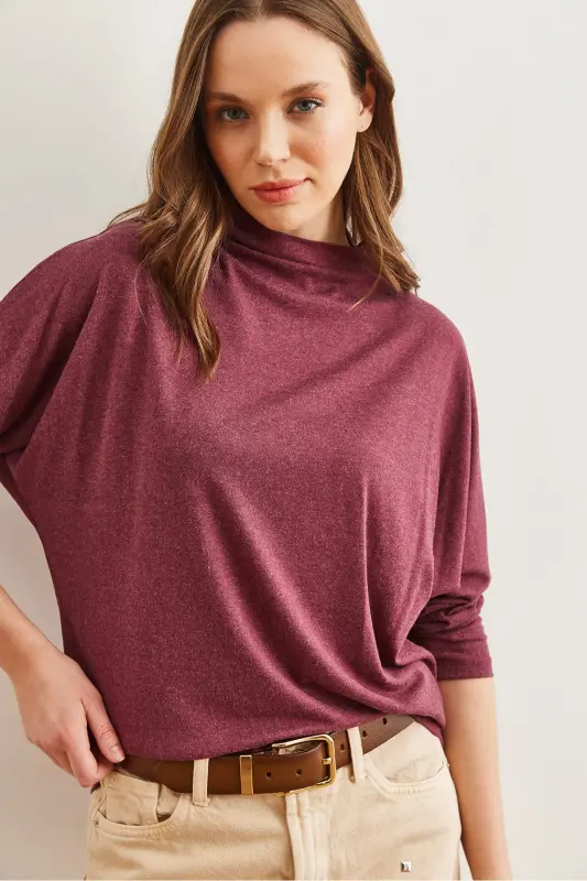 Women's Burgundy High-Neck Batwing Wool Viscose Blouse BLZ-19002800 - 4