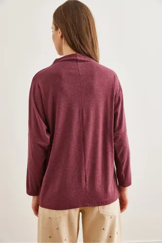 Women's Burgundy High-Neck Batwing Wool Viscose Blouse BLZ-19002800 - 6
