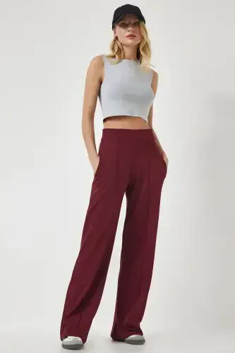 Women's Burgundy High Waist Flexible Sweatpants BF00030-Burgundy - 1