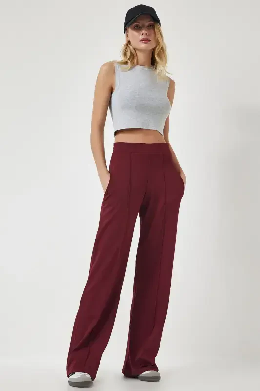 Women's Burgundy High Waist Flexible Sweatpants BF00030-Burgundy - HAPPINESS İSTANBUL