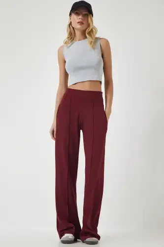 Women's Burgundy High Waist Flexible Sweatpants BF00030-Burgundy - HAPPINESS İSTANBUL (1)