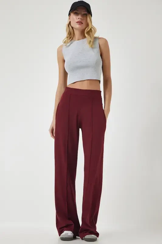 Women's Burgundy High Waist Flexible Sweatpants BF00030-Burgundy - 2
