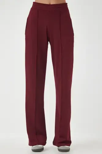 Women's Burgundy High Waist Flexible Sweatpants BF00030-Burgundy - 3