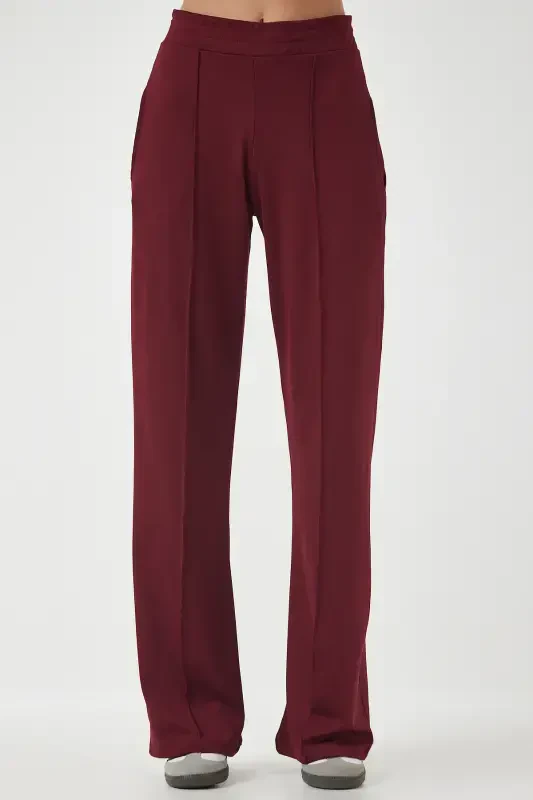 Women's Burgundy High Waist Flexible Sweatpants BF00030-Burgundy - 3